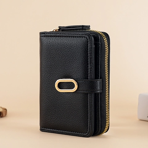 Women Litchi Grain PU Leather Wallet Short Zipper Coin Purse With Ring Buckle Multi Card Slots Fashion Small Handbag