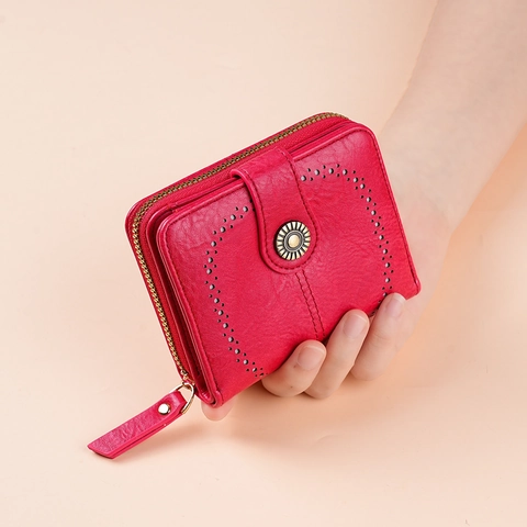 Damen PU-Leder Hohlherz Kurze Brieftasche Retro Metallschnalle Reißverschluss Münzbörse Kartenhalter Mode Clutch Handtasche
