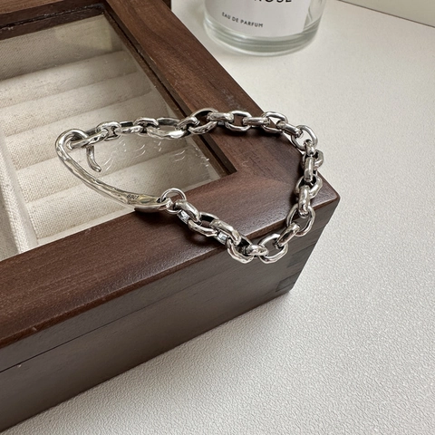 Bracelet Chaîne Grosse Rétro en Argent Sterling 925 pour Femme Texture Vieillie Vintage Hip Hop Industriel Minimaliste Géométrique Bijoux Cadeau