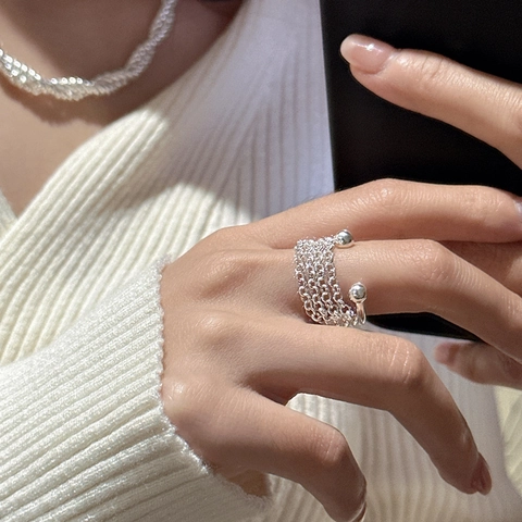 S925 Sterling Silver Multilayer Chain Ring For Women Retro Ins Minimalist Adjustable Open Ring Polished Fashion Finger Jewelry