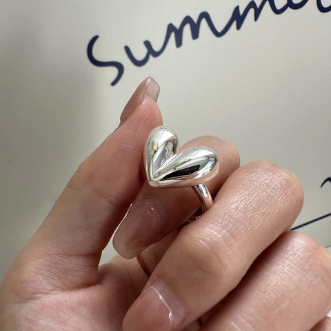 Anello Aperto a Cuore in Argento Sterling S925 Minimalista Lucidato Regolabile Vintage Moda Gioielli per Donna