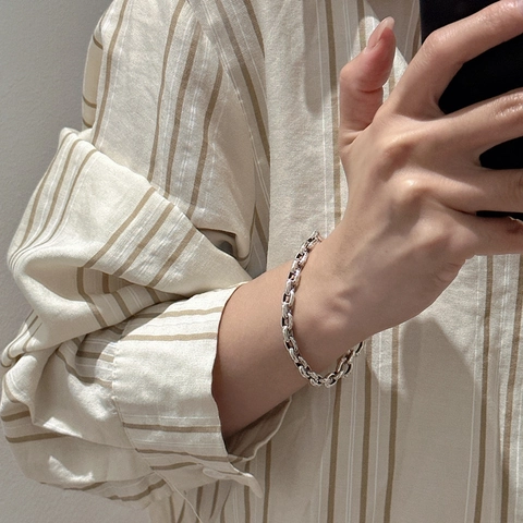 Pulsera de Cadena Gruesa Retro de Plata de Ley 925 para Mujer Textura Envejecida Vintage Hip Hop Industrial Minimalista Geométrica Joyería Regalo