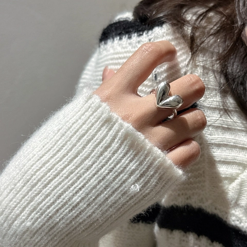 Anello Aperto a Cuore in Argento Sterling S925 Minimalista Lucidato Regolabile Vintage Moda Gioielli per Donna
