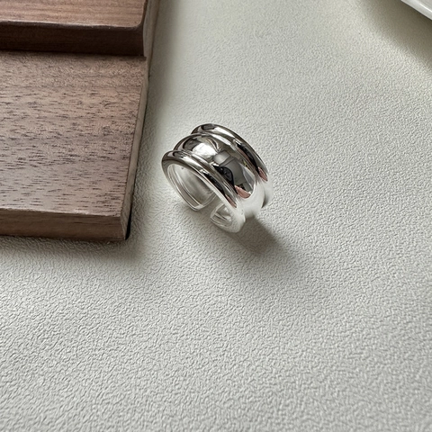 S925 Sterlingsilber Breiter Offener Ring Für Damen Vintage Poliert Gekrümmte Geometrie Mehrschichtig Verstellbarer Ring