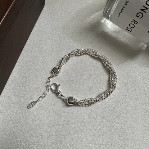 S925 Sterling Silver Woven Twisted Rope Bracelet For Women Vintage Ins Style Braided Metal Link Chain Bracelet Jewelry Gift