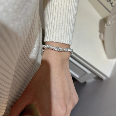 S925 Sterling Silver Woven Twisted Rope Bracelet For Women Vintage Ins Style Braided Metal Link Chain Bracelet Jewelry Gift