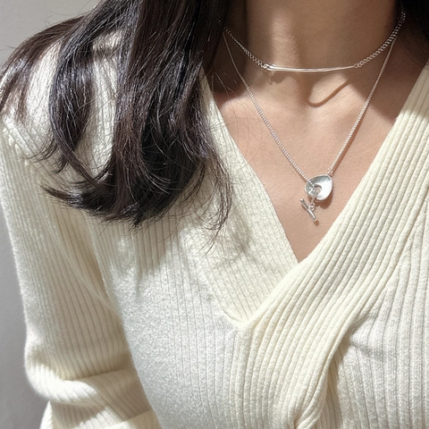Collana con Fibbia OT in Argento Sterling 925 Ciondolo a Cuore Irregolare Catena Asimmetrica Catena Lunga per Maglione Gioielli Donna