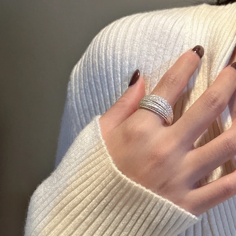 925 Sterling Zilver Meerlagige Open Ring Voor Vrouwen Minimalistische Koreaanse Stijl Strass Verstelbare Vingerring Sieraden