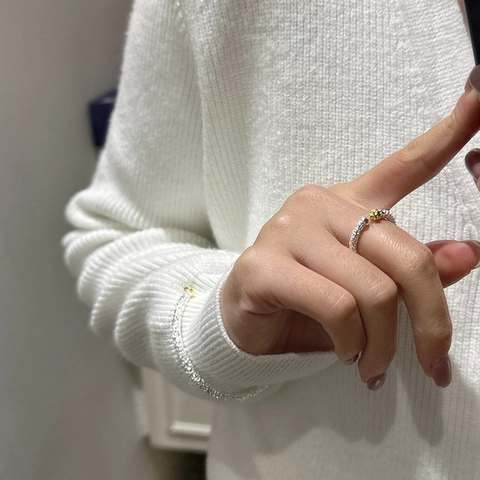Vintage S925 Sterling Zilveren Getextureerde Open Ring Voor Dames Arabesque Tweekleurig Goud Zilver Verstelbare Sieraden