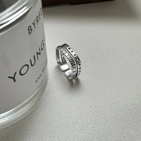 925 Sterling Silver Roman Numeral Ring For Women Vintage Hollow Geometric Wave Pattern Open Adjustable Finger Ring Jewelry