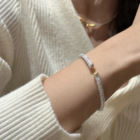 Vintage 925 Sterlingsilber Offener Armreif Für Damen Retro Scroll Muster Geprägt Verstellbares Armband Kontrast Goldperle