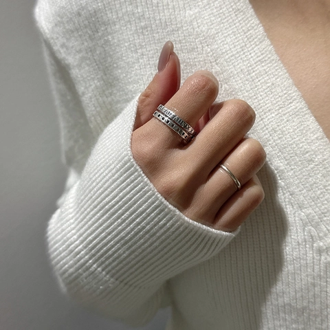 925 Sterling Silver Roman Numeral Ring For Women Vintage Hollow Geometric Wave Pattern Open Adjustable Finger Ring Jewelry