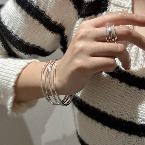 Vintage 925 Sterling Zilver Meerlaagse Golf Open Ring Voor Vrouwen Minimalistisch Verstelbaar Geometrisch Getextureerde Sieraden
