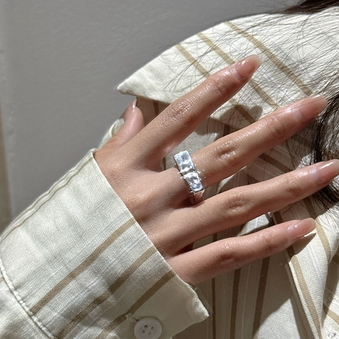 Vintage 925 Sterling Silber Gehämmert Rechteckig Offener Ring Für Damen Minimalistisch Unregelmäßige Textur Verstellbarer Ring