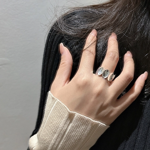 925 Sterling Silver Oval Open Ring Minimalist Geometric Liquid Metal Texture Adjustable Fashion Finger Ring For Women Jewelry