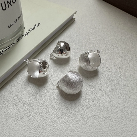 Pendientes de Aro con Bola de Plata de Ley S925 Minimalistas Coreanos Pulido Espejo Mate Cepillado Texturizado Geométrico Redondo para Joyería de Mujer