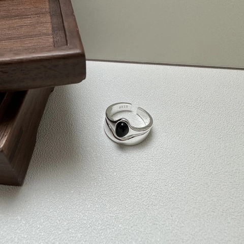 Vintage 925 Sterling Zilveren Dubbellaagse Verstelbare Open Ring Met Ovale Zwarte Agaat Geometrische Minimalistische Sieraden Dames