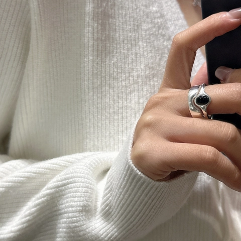 Vintage 925 Sterling Zilveren Dubbellaagse Verstelbare Open Ring Met Ovale Zwarte Agaat Geometrische Minimalistische Sieraden Dames