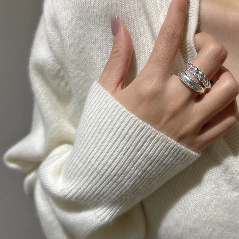 Anillo Abierto de Doble Capa Trenzada de Plata de Ley S925 para Mujer Ajustable Minimalista Estilo Vintage Joyería