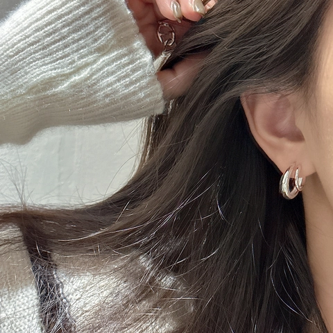 Orecchini a Cerchio Curvi a Doppio Strato in Argento Sterling S925 Donna Minimalista Texture Irregolare Lucido Gioielli Geometrici