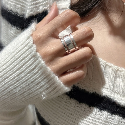 S925 Sterlingsilber Dreischichtiger Offener Ring Für Damen Minimalistisch Glänzend Hohl Verstellbar Fingerband Schmuck