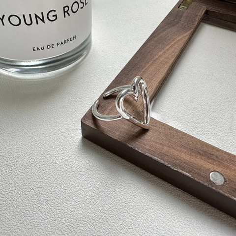 Anillo Corazón Hueco Plata Ley S925 Diseño Coreano para Mujer Anillo Corazón Vintage Ajustable Moda