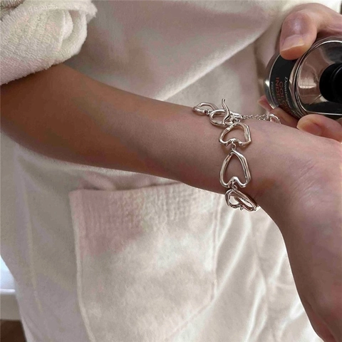 Bracciale Cuore Argento Sterling 925 Maglia Irregolare Traforata Chiusura A T Minimalista Artistico Gioielli Vintage Da Donna
