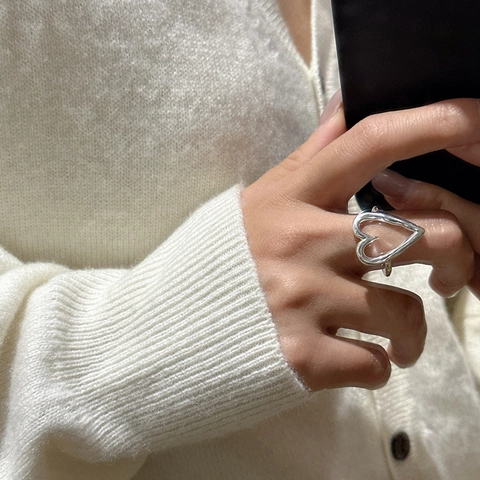 Anillo Corazón Hueco Plata Ley S925 Diseño Coreano para Mujer Anillo Corazón Vintage Ajustable Moda