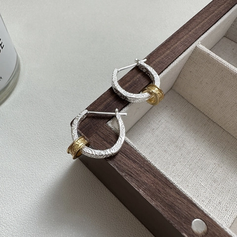 Boucles d'Oreilles Créoles en Argent Sterling 925 Gravées Arabesque Vintage Bicolore Or Argent Huggie pour Femmes Bijoux de Style Coréen