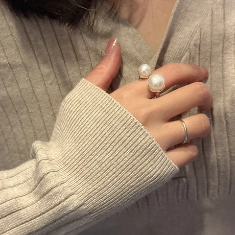 Anello Aperto in Argento Sterling S925 per Donna Minimalista Doppia Perla Artificiale Martellata Gioielli Regolabili Anello da Dito per Feste