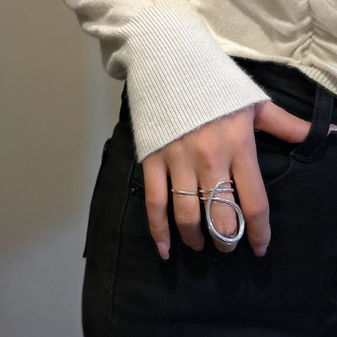 925 Sterling Silver Niche Design Geometric Line Ring For Women Adjustable Vintage Multi Layer Twisted Open Finger Ring Jewelry