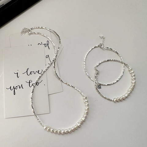 Collana in Argento Sterling S925 Coreana con Perle Artificiali e Pepite d'Argento Minimalista Stile INS Girocollo Gioielli da Donna