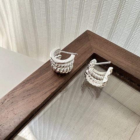 925 Sterling Silver Triple Twisted Rope Stud Earrings Korean Fashion Niche Design Geometric Hoop C-Shape Earrings For Women