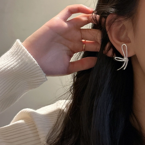S925 Sterling Silver Bowknot Stud Earrings For Women Korean Style Polished Ribbon Knot Minimalist Fashion Jewelry Earring Gift