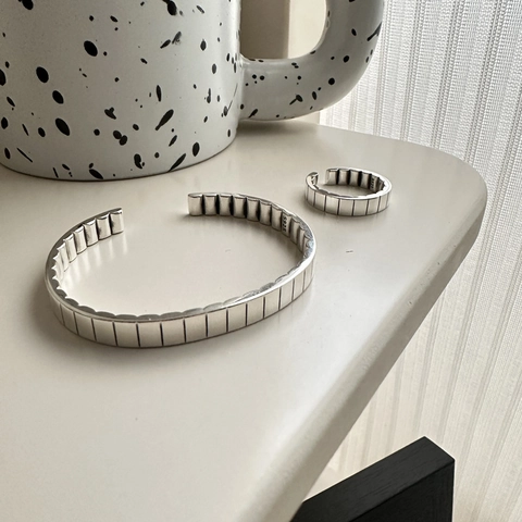 Bracelet Jonc Ouvert en Argent Sterling S925 Texture d'Engrenage pour Femme Vintage Style Industriel Minimaliste Bijoux de Main