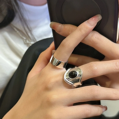 Retro 925 Sterlingsilber Oval Schwarzer Achat Ring Für Damen Breite Oberfläche Minimalistisch Verstellbar Fingerring Schmuck Geschenk