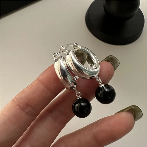 925 Sterling Silver Black Agate Hoop Earrings French Vintage Smooth Round Chic Minimalist Fashion Ear Jewelry For Women