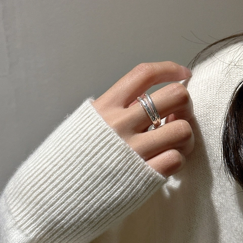S925 Sterling Silver Double Layer Textured Open Ring For Women Minimalist Vintage Geometric Adjustable Finger Ring Jewelry