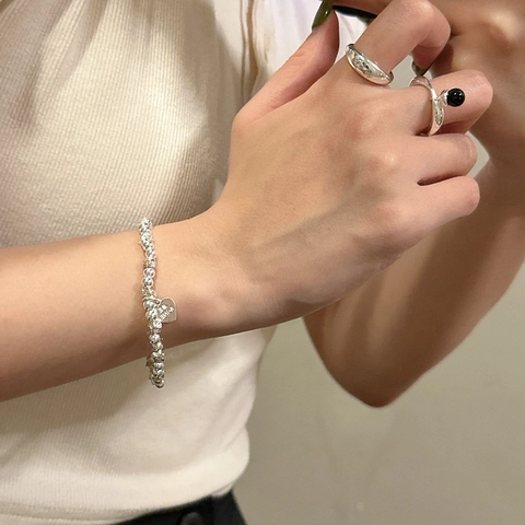 Bracciale a Sfere in Argento Sterling 925 Con Ciondolo a Cuore Inciso Be Mine Bracciale a Catena Geometrica per Donna Gioielli