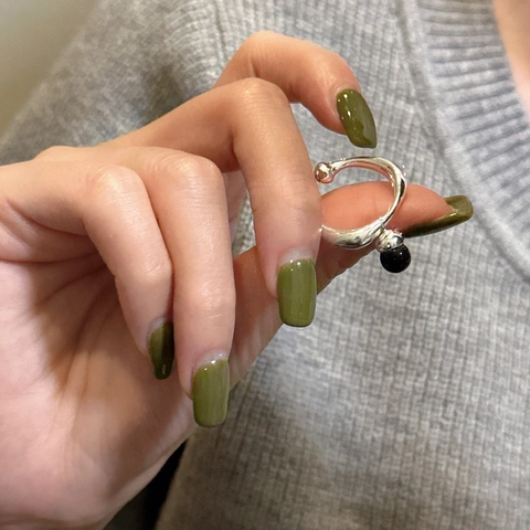 Anillo Abierto de Plata de Ley S925 con Ónix Negro Vintage Francés Minimalista Ajustable Geométrico Esférico Joyería para Mujer