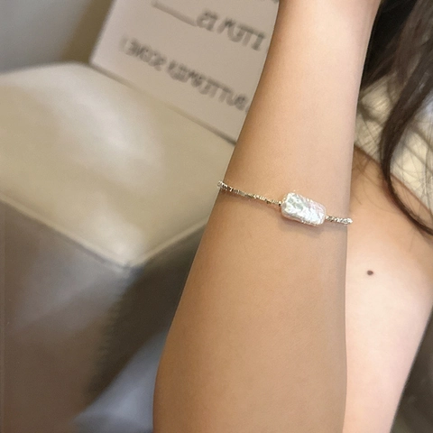 925 Sterling Silver Baroque Artificial Pearl Bracelet For Women Minimalist Korean Style Square Bead Chain Jewelry Gift