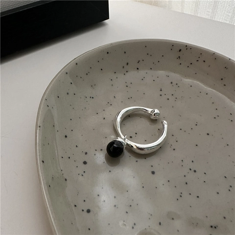 Anillo Abierto de Plata de Ley S925 con Ónix Negro Vintage Francés Minimalista Ajustable Geométrico Esférico Joyería para Mujer