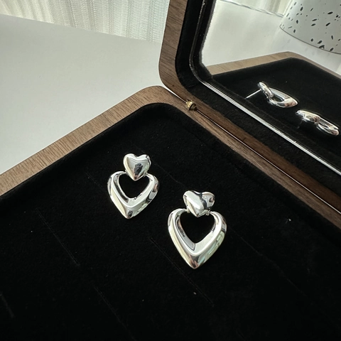 925 Sterlingsilber Doppelschicht Herz Ohrstecker Für Damen Vintage Polierte Silber Herz Ohrringe Mode Schmuck