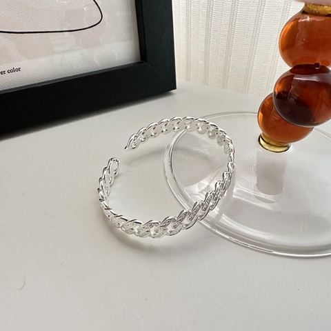 Bracciale Rigido Aperto in Argento Sterling 925 Vintage a Maglia Cubana per Donna Retrò Strutturato Lucidato Bracciale a Polsino Regolabile Gioielleria di Moda