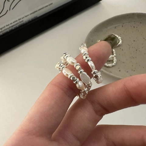 S925 Sterling Silver Baroque Artificial Pearl Elastic Ring For Women Handmade Broken Silver Beads Vintage Korean Fashion Jewelry