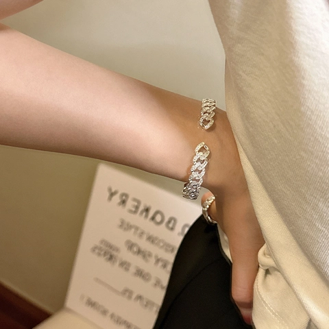 Bracciale Rigido Aperto in Argento Sterling 925 Vintage a Maglia Cubana per Donna Retrò Strutturato Lucidato Bracciale a Polsino Regolabile Gioielleria di Moda