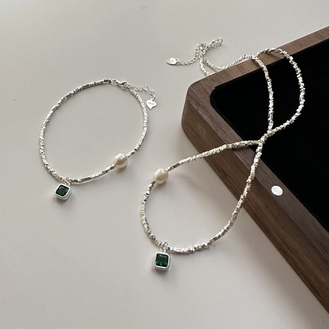 S925 Sterling Silver Irregular Beads Necklace For Women Vintage Green Zirconia Pendant With Artificial Pearl Fashion Jewelry