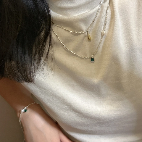 S925 Sterling Silver Irregular Beads Necklace For Women Vintage Green Zirconia Pendant With Artificial Pearl Fashion Jewelry