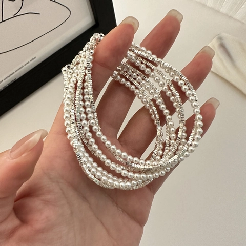 Pulsera Envolvente de Plata de Ley 925 con Perla Artificial Pepitas de Plata Irregulares Joyas de Capas Regalo para Mujer