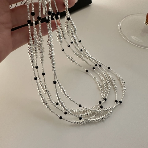 Collana in Argento Sterling S925 con Perline di Agata Nera per Donna Catena a Clavicola Minimalista Vintage Gioielli Regalo